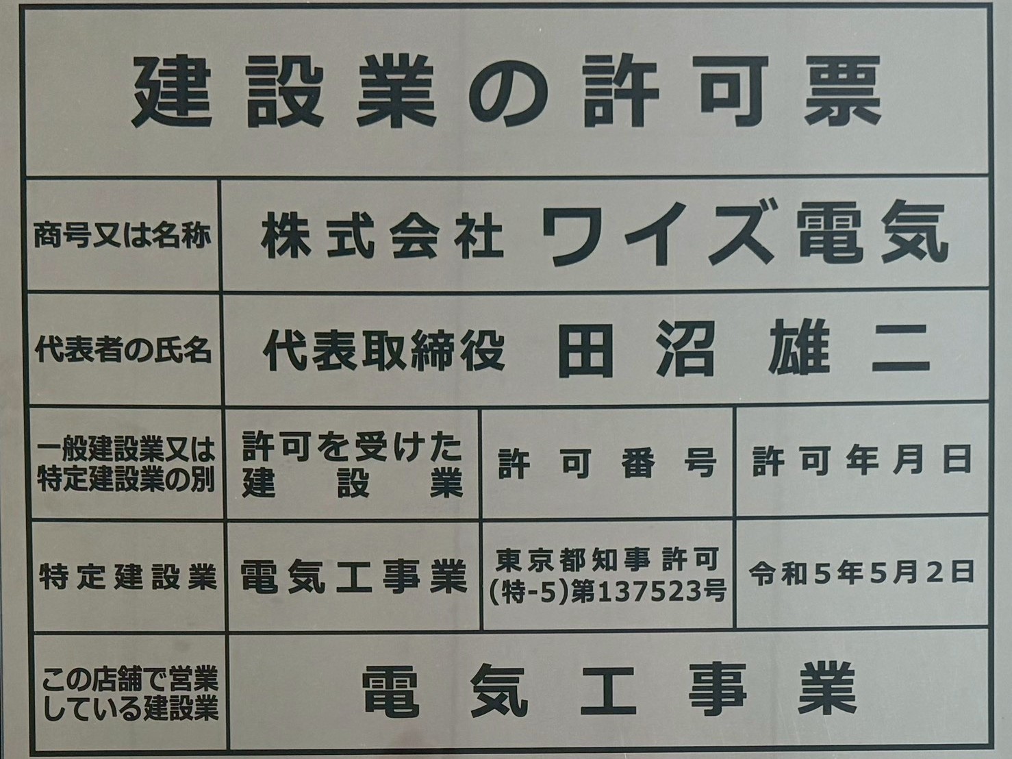 特定建設業許可証